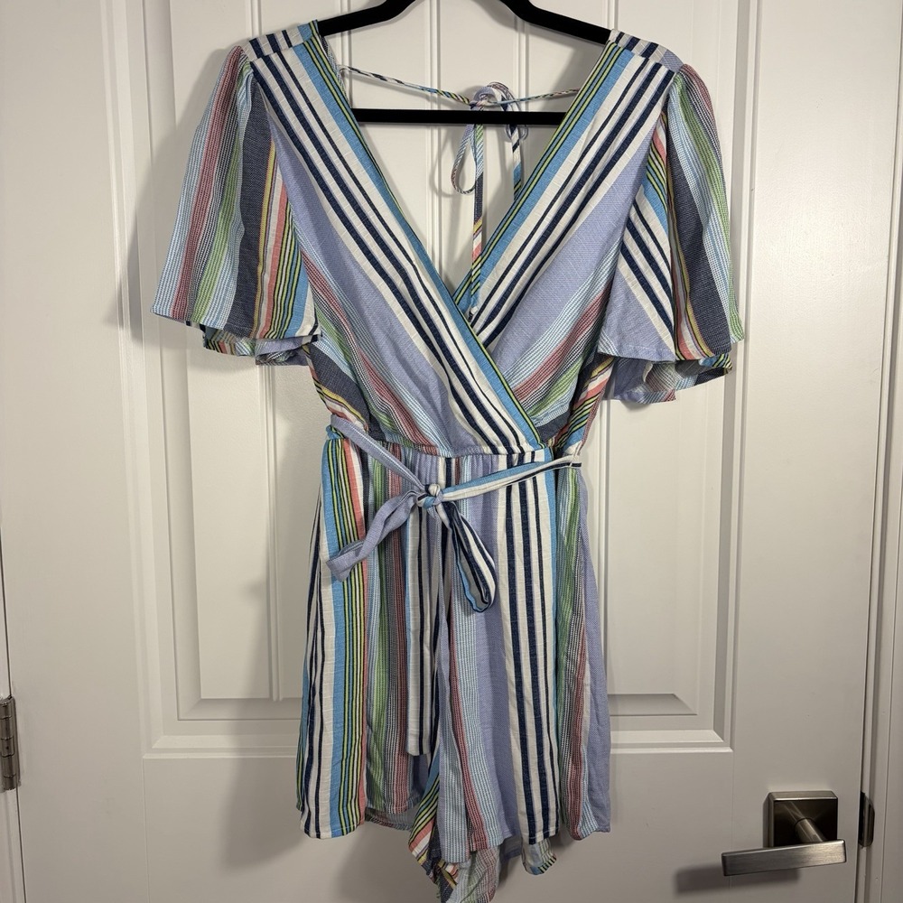 ROW A Striped Wrap Tie Mini Romper Blue Multicolor Short Sleeve Small